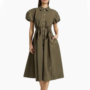 Chic Olive Midi Dress with Puff Sleeves